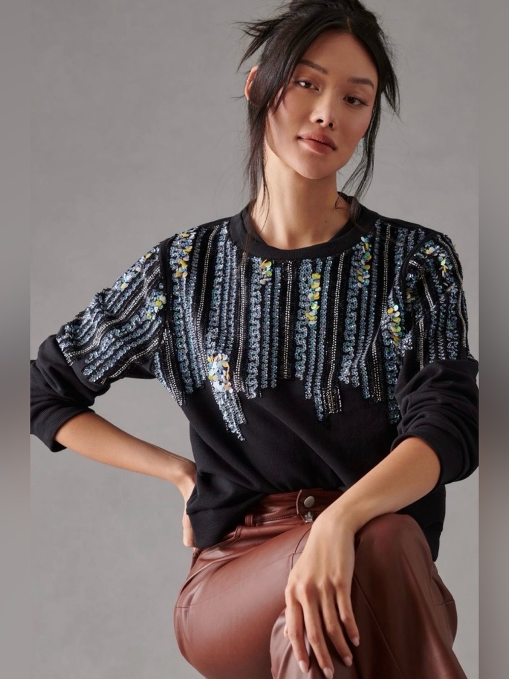Anthropologie Let Me Be Disco Sequin Sweatshirt in Black - Picture 3 of 13